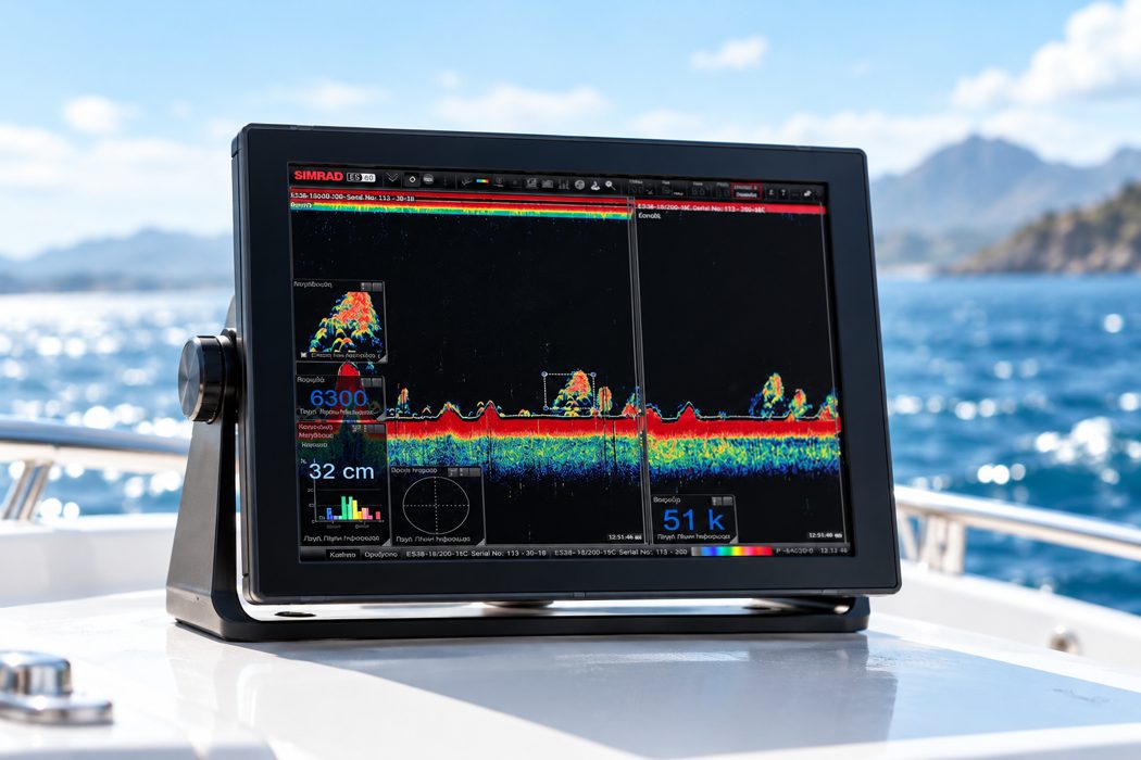 Marine sonar display on a boat overlooking coastal water