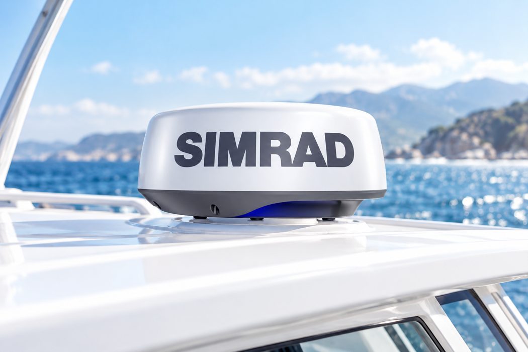 Marine radar dome mounted on a powerboat